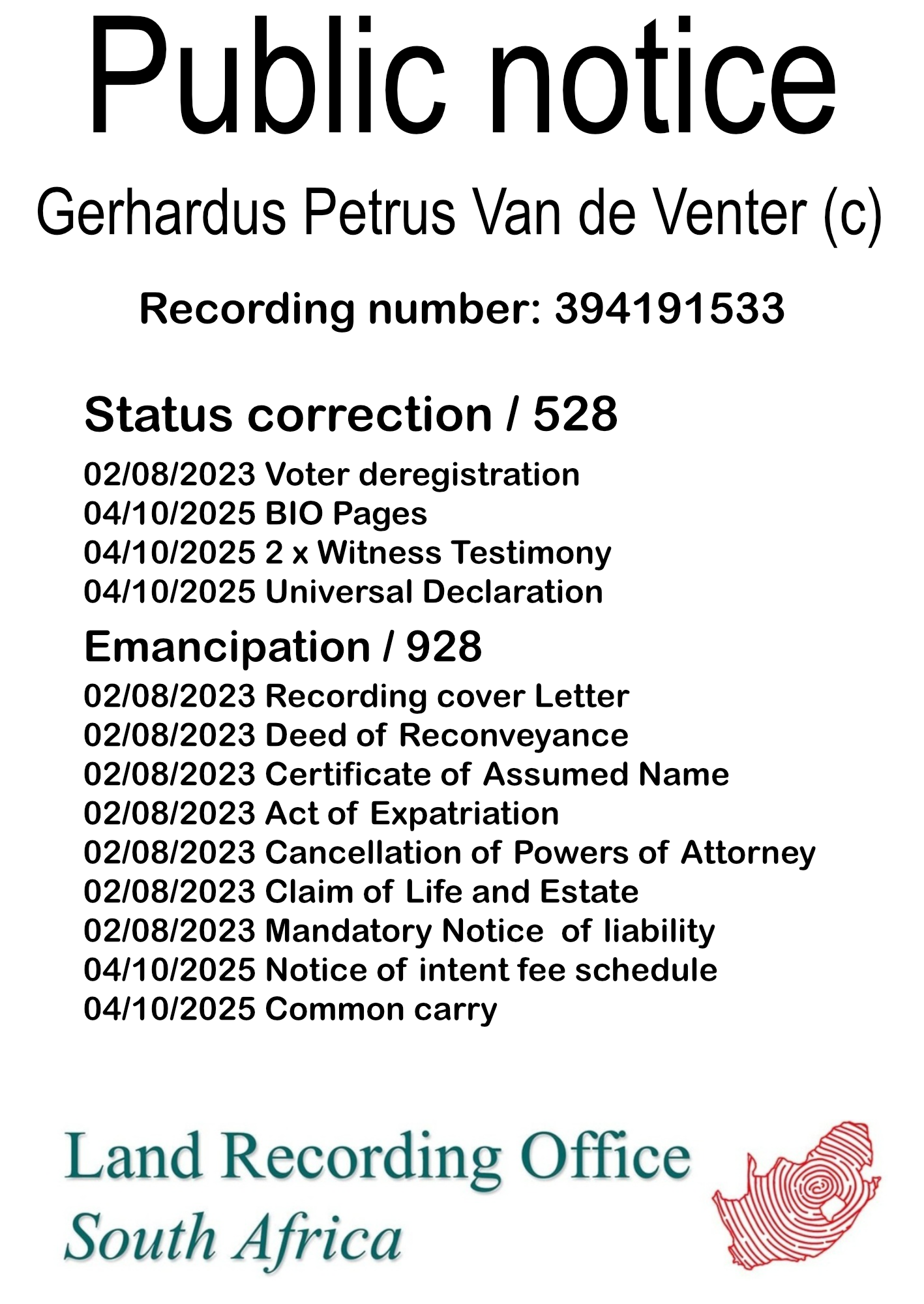 Public notice Gerhardus Petrus Van de Venter (c) Recording number 394191533